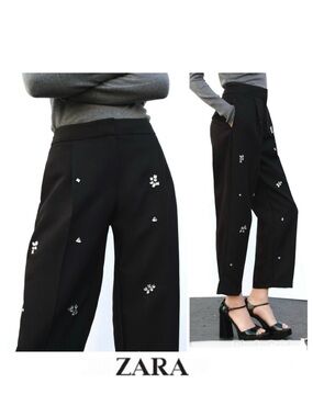 ZARA NEW Black Jewel Bead Embellish High Waist Straight Leg  Trousers Pant Sz M